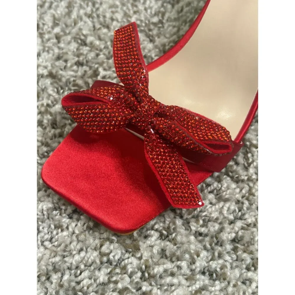 Red Satin Rhinestone Bow Lace-Up Clear Block Heel Sandals